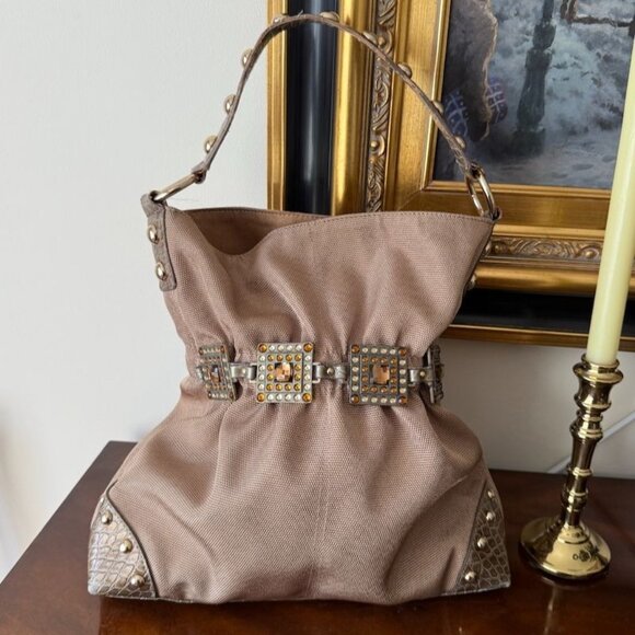 Kathy Van Zeeland Gold Jewel Embellished Shoulder Bag Croc Trim  Back Pocket - Picture 1 of 15